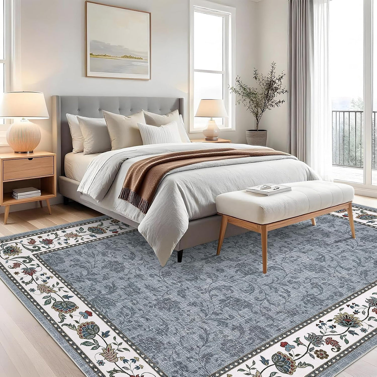 Large Living Room Rug 10x13 Non-Slip Floral Indoor Carpet Washable Floral Bordered Floor Mat Low Pile Non-Shedding Foldable Neutral Bedroom Rugs for Dining Room Nursery Home Office Red