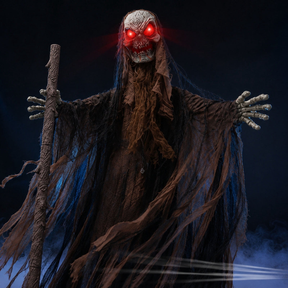 Voglyf Life-Size Scary Poseable Talking Witch 5.6FT, Red LED Glowing Eyes Scary Hag Prop with Wooden Staff, Tattered Gray Cloth Robe Witch for Front Yard Porch Haunted Spooky Party Decor