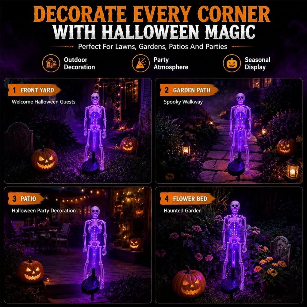 Light up Halloween Decorations - Solar Skeleton Yard Stake Garden Light Bones Figurine, 3D Creepy LED lamp Waterproof Realistic ghosts for Outdoor Grave Lawn Patio House Party Fall Decor Gift