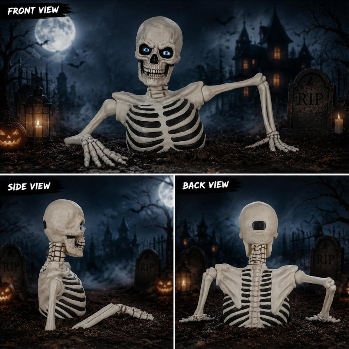 Clearance Halloween Giant Ground Breaking Skeleton Decor with LED Light-Up Moving Eyes, Scary Skull Stakes for Garden Lawn Holiday Party Decor