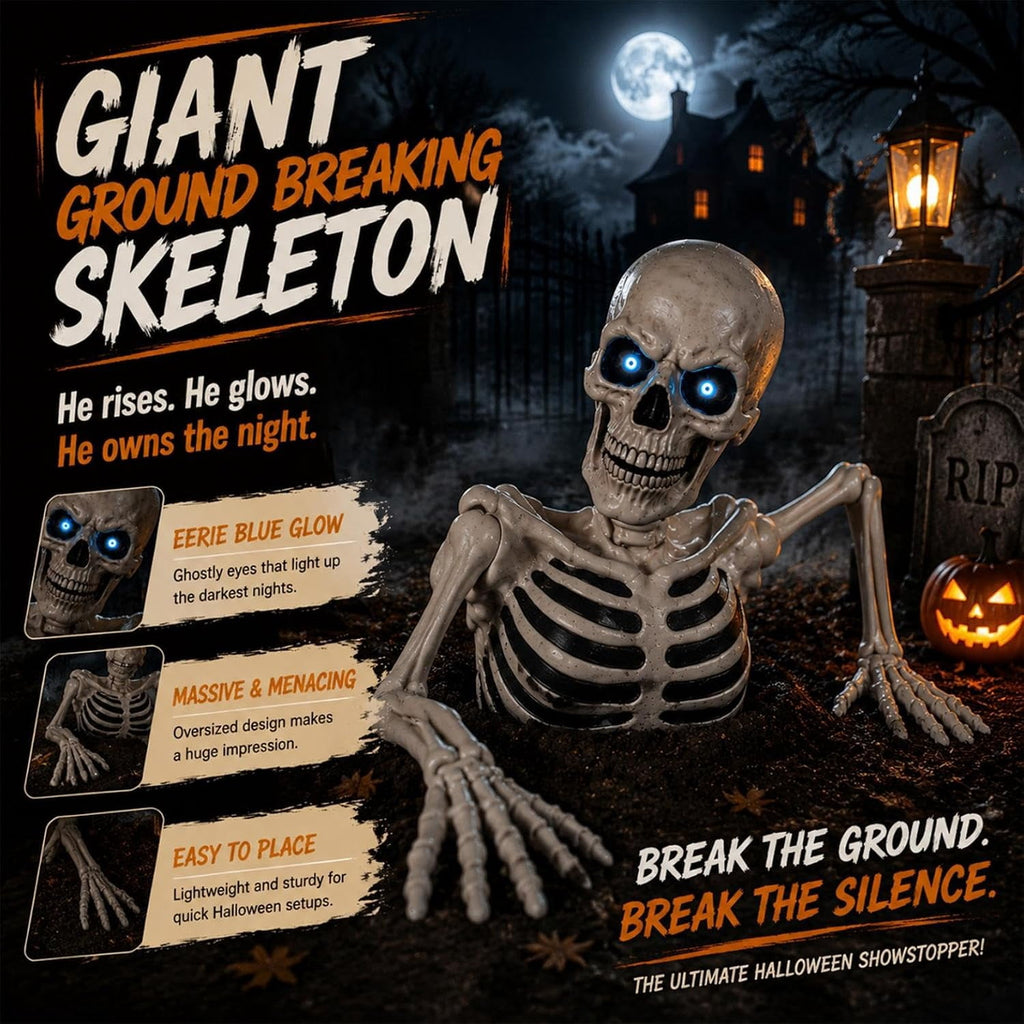 Clearance Halloween Giant Ground Breaking Skeleton Decor with LED Light-Up Moving Eyes, Scary Skull Stakes for Garden Lawn Holiday Party Decor