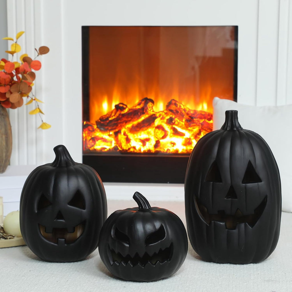 3 PCS Black Jack o Lantern Decoration, Halloween Plastic Vintage Pumpkin Decor with Light for Indoor & Outdoor - Holiday Party Fireplace Mantle Porch, Battery Not Include