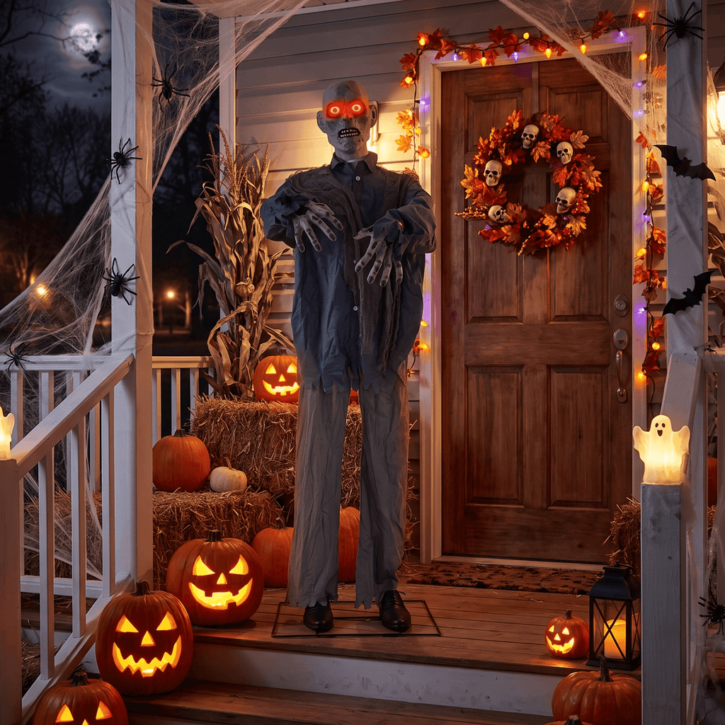 76-Inch Animated Standing Zombie Halloween Decoration with Red Glowing Eyes, Swaying Motion, Spooky Sounds and Metal Stand