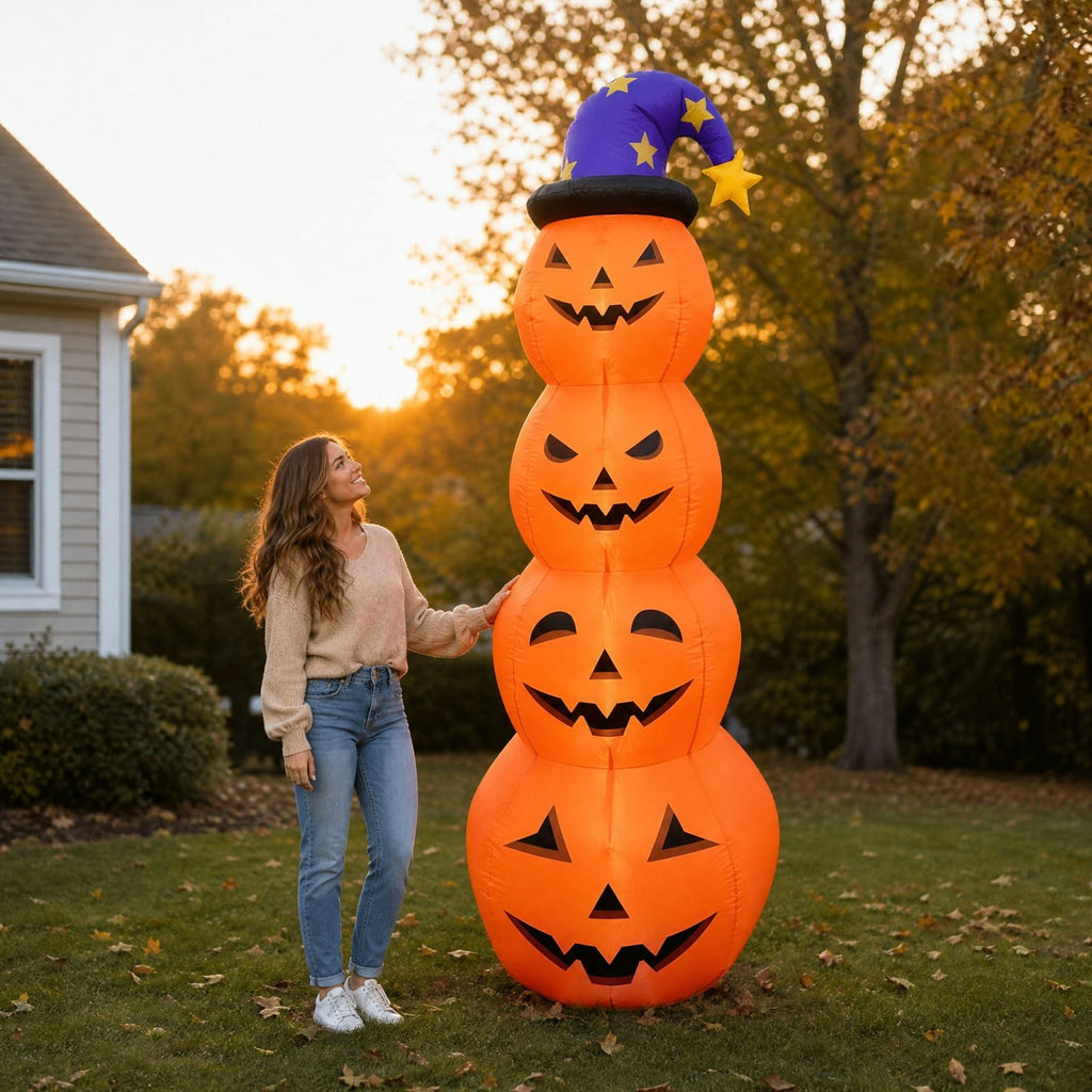 8FT Inflatable Stacked 4 Pumpkins Tower with Wizard Hat, LED Light Up Blow Up Pumpkin Yard Decoration, Waterproof Outdoor Halloween Lawn Ornament for Front Yard Garden Party