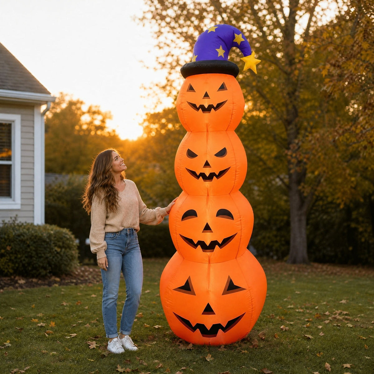 8FT Inflatable Stacked 4 Pumpkins Tower with Wizard Hat, LED Light Up Blow Up Pumpkin Yard Decoration, Waterproof Outdoor Halloween Lawn Ornament for Front Yard Garden Party