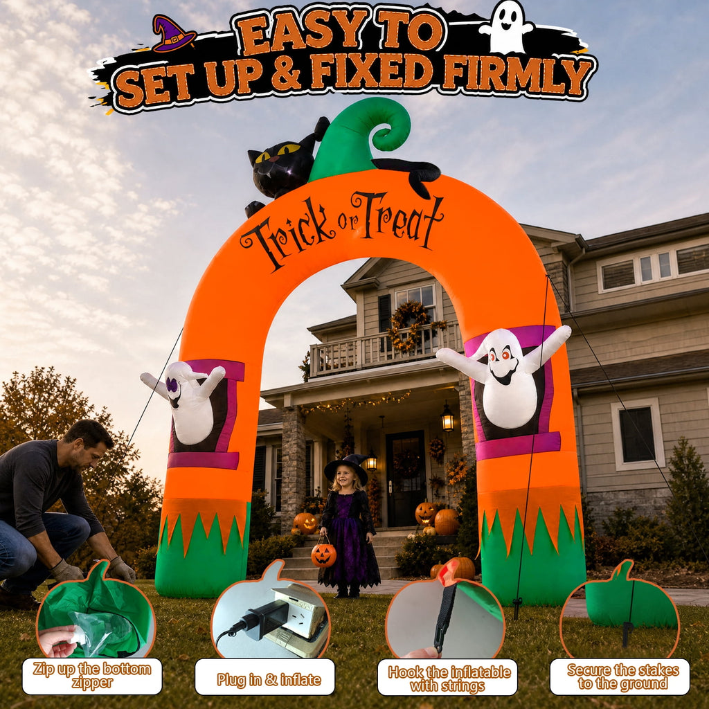 VETPW 10FT Large Halloween Inflatable Archway Decoration, Halloween Blow Up Lighted Archway with Ghost & Black Cat & Cornucopia, Trick & Treat Yard Garden Patio Lawn Outside Decor