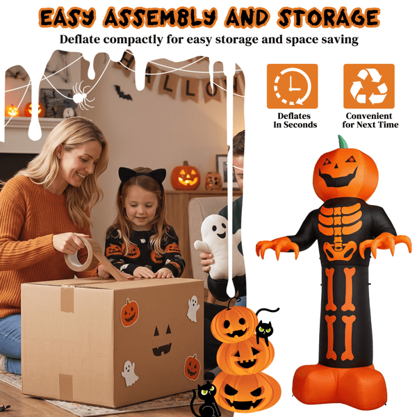 Alvantor 12 ft Pumpkin Head Skeleton Halloween Inflatable with LED and String Lights, Black and Orange