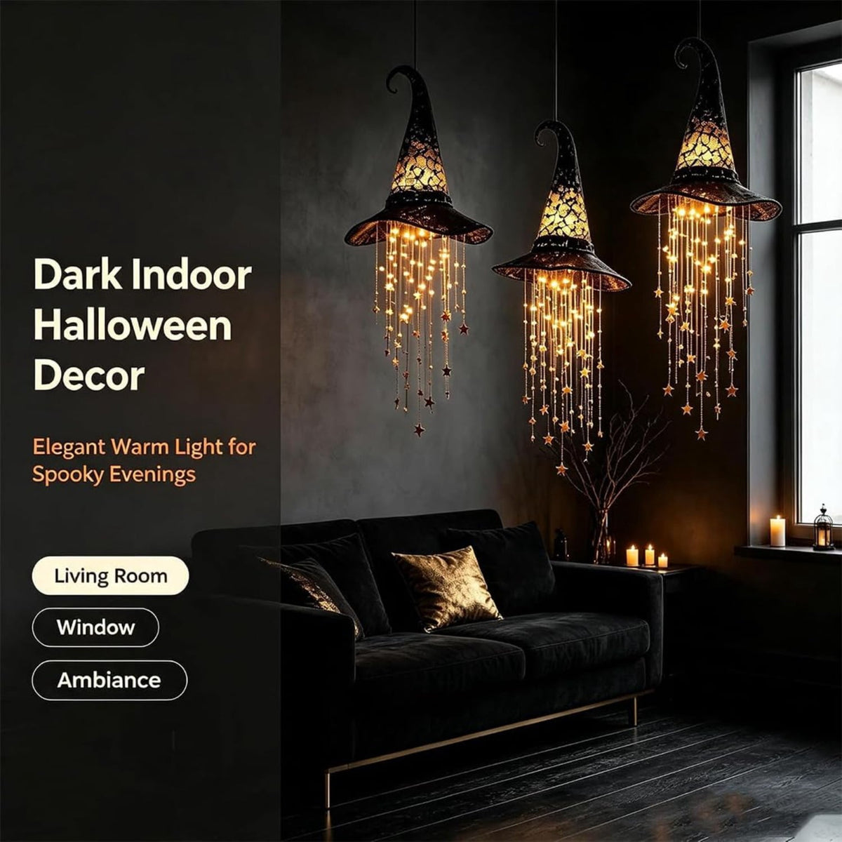 Lighted Witch Hat Hanging Chime, LED Black Mesh Witch Hat with Glowing Star Garland, Indoor Outdoor Halloween Decor for Porch Tree Window