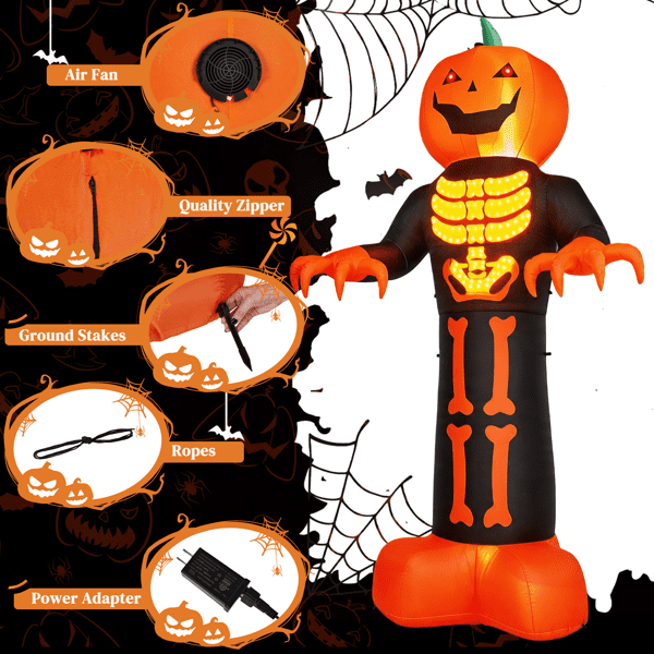 Alvantor 12 ft Pumpkin Head Skeleton Halloween Inflatable with LED and String Lights, Black and Orange