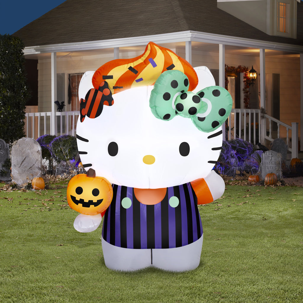 Airblown Halloween Yard Inflatables Light Hello Kitty in Purple Striped Overalls Sanrio