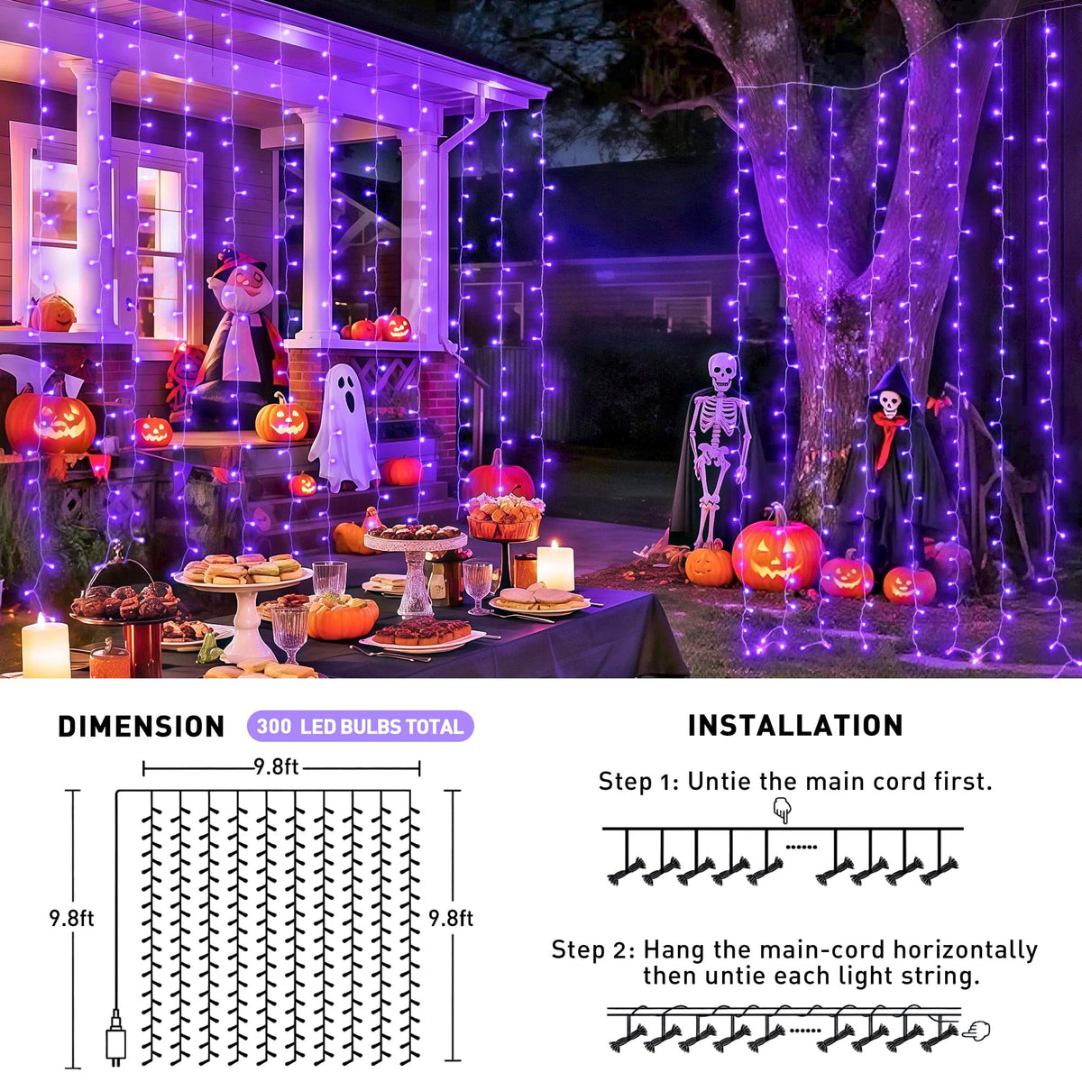 9.5x29.5ft Curtain Lights 900 LED White Indoor Outdoor Decor