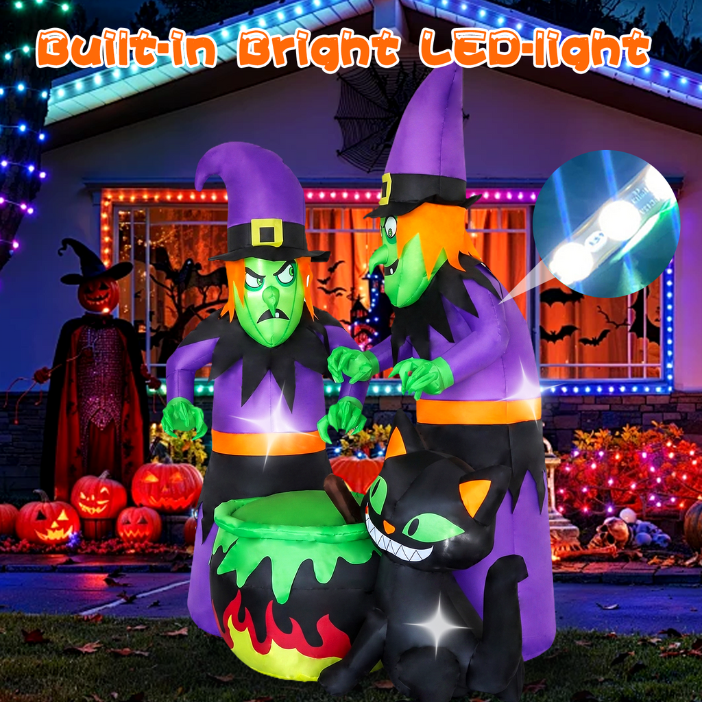 KINQUINN 6FT Halloween Inflatable 2 Witch with Cauldron and Cat Decoration Outdoor, Blow Up Witch with Build-in LEDs, Blow Up Yard Decoration Outdoor for Outside, Indoor, Lawn, Yard, Garden