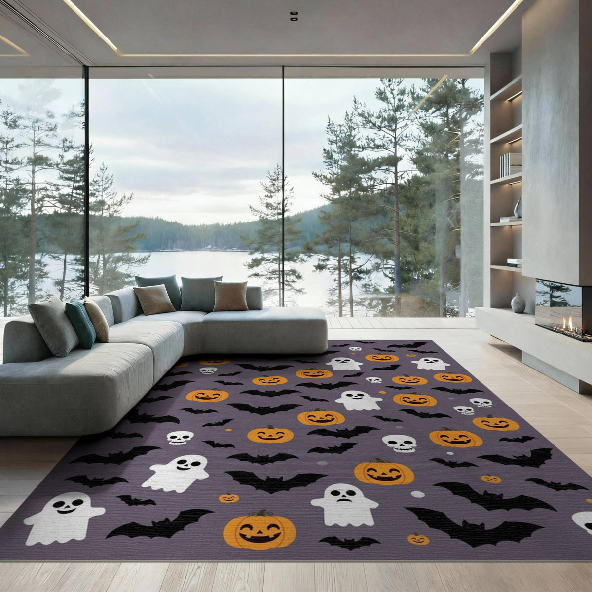 ODIKA 8'x10' Washable Area Rug Halloween Harvest Spirits Grinning Lantern Entrance Doormat Door for Living Room, Under Sectional, Family , Durable, Non-Slip
