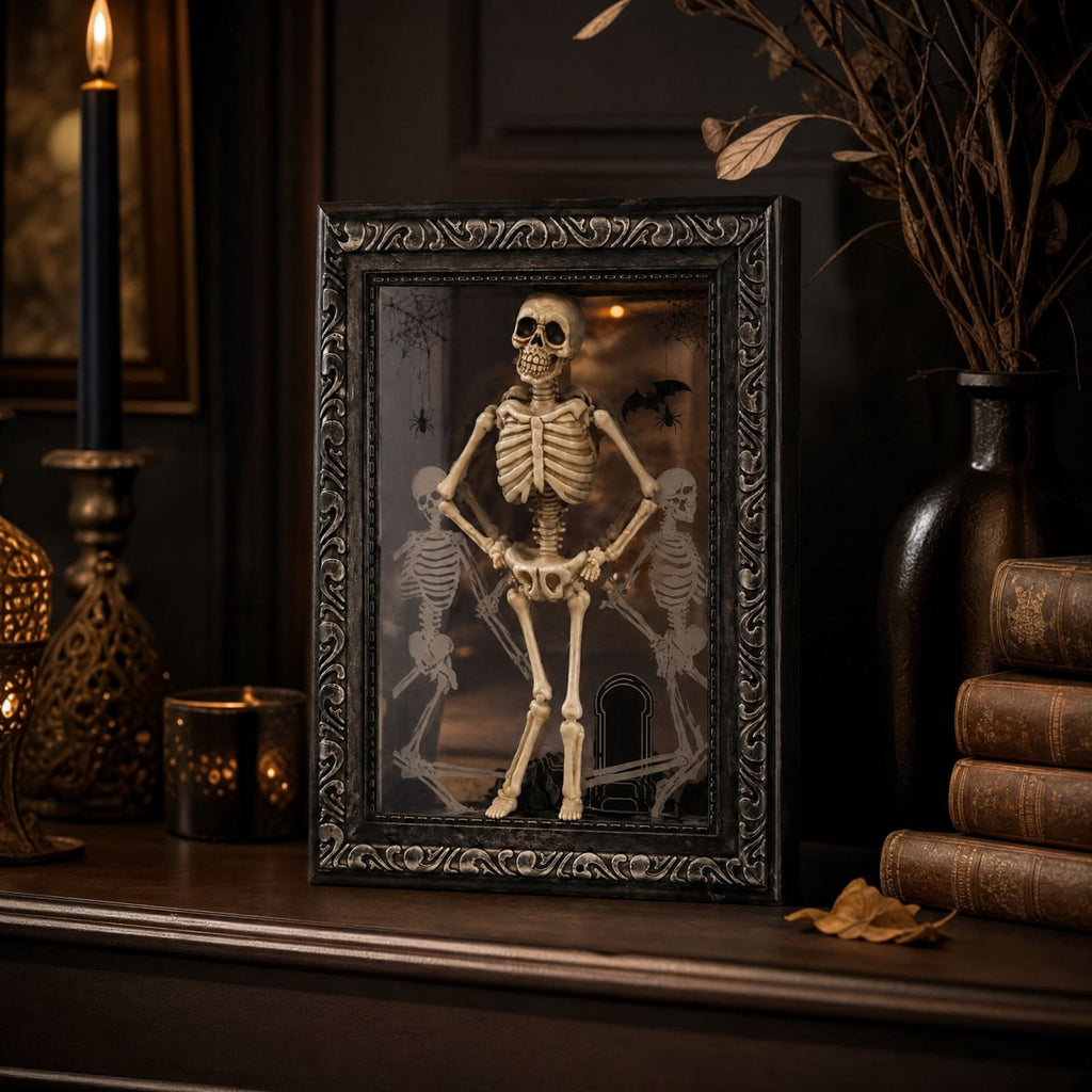 Halloween Dancing Skeleton Photo Frame 11.8 x 7.8in 3D Resin Light Up Spooky Skeleton Figurine Table Display Decor for Party Home Tabletop