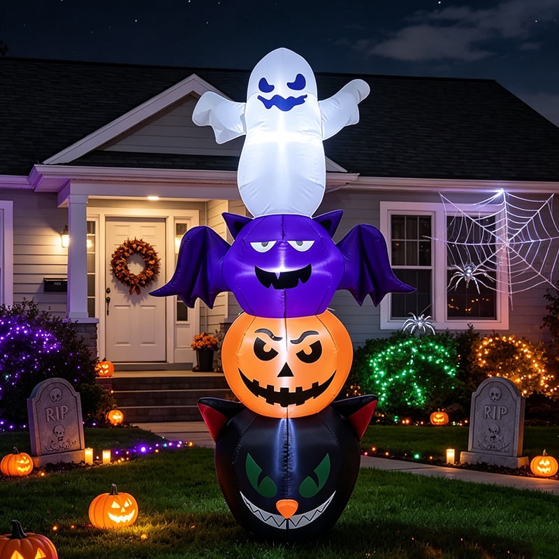 6 FT Halloween Inflatables Pumpkin Ghost Cat Combo Outdoor Decoration, Air Blow Up Ghost Pumpkin with Build-in LED Lights, Halloween Yard Decorations for Outside Vacation Lawn Porch Holiday Decor