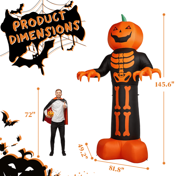 Alvantor 12 ft Pumpkin Head Skeleton Halloween Inflatable with LED and String Lights, Black and Orange