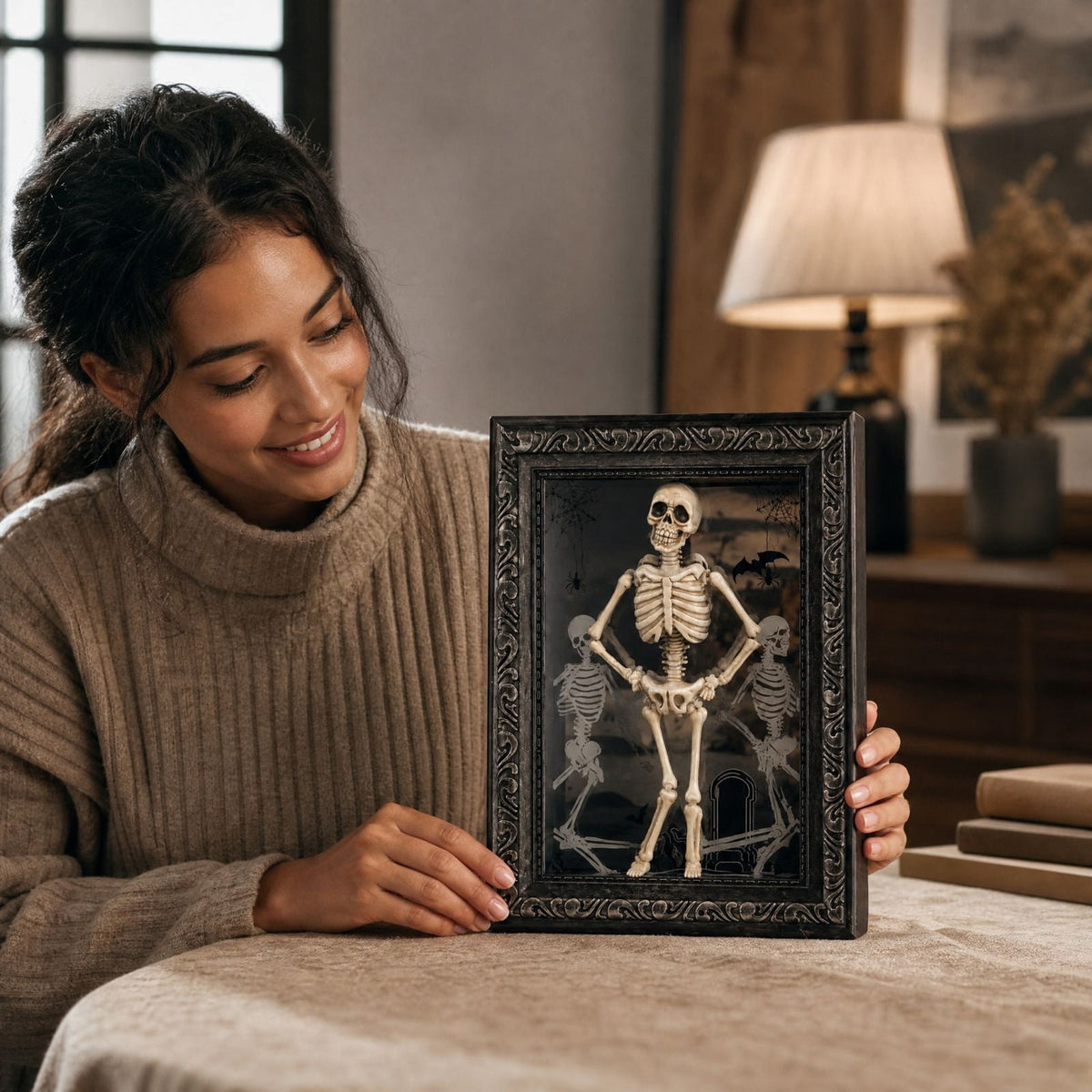Halloween Dancing Skeleton Photo Frame 11.8 x 7.8in 3D Resin Light Up Spooky Skeleton Figurine Table Display Decor for Party Home Tabletop