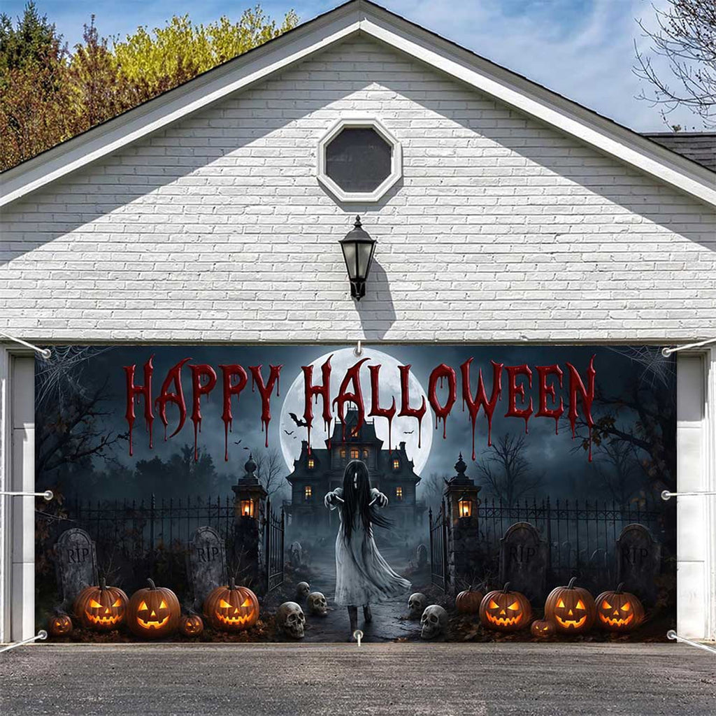 16X7ft Halloween Garage Door Cover Decorations, Spooky Skeletons Pumpkin Large Garage Wall Backdrop Hanging Banner for Halloween Yard Indoor Outdoor Party Decor