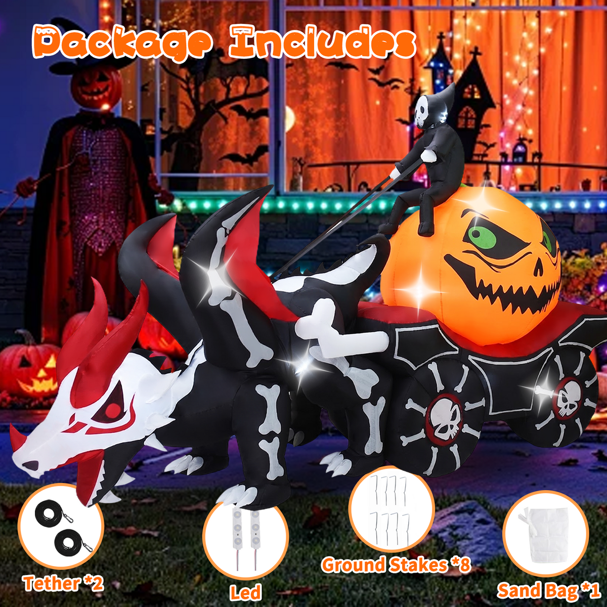 KINQUINN 9 FT Halloween Inflatable Dragon Pull Pumpkin Cart Outdoor Decorations, Blow Up Dragon with Build-in LEDs, Halloween Decorations for Yard Lawn Party Garden Outside Indoor Home Porch