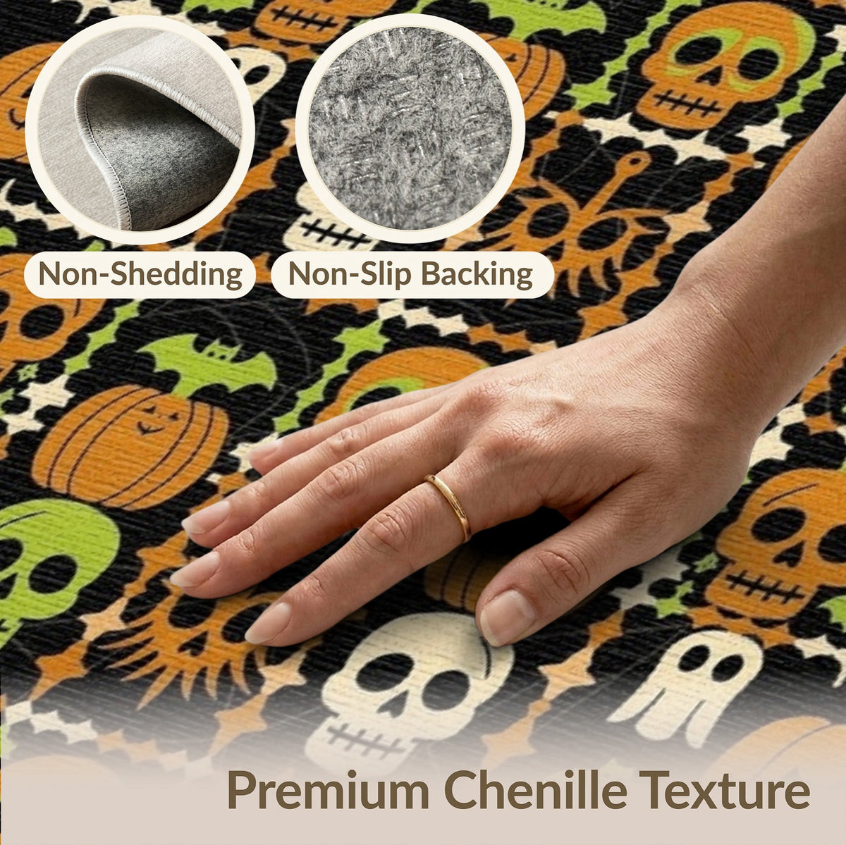 ODIKA Retro Halloween Welcome Featuring Ghosts Pumpkins Bats Skulls Non-Slip Flatwoven for Living Room, Under Sectional, Family
