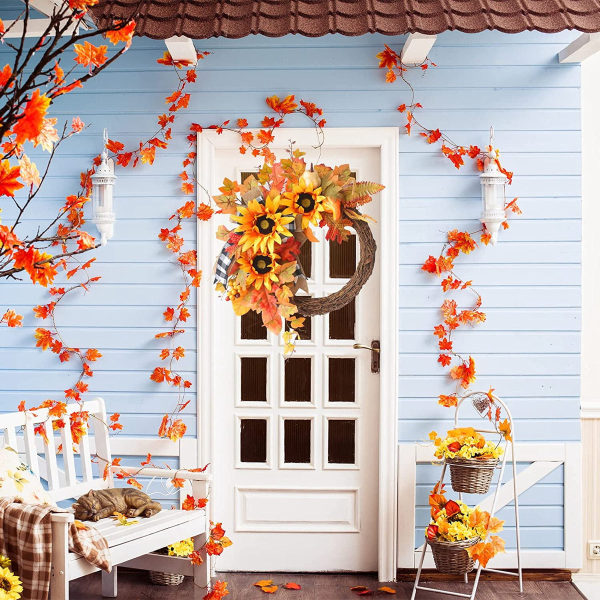 24 Inch Fall Wreaths for Front Door Outside, Fall Door Wreath with Pumpkins,Dahlia,Sunflowers, Maple Leaves,Autumn Wreaths Decorations for Harvest Thanksgiving Halloween Indoor Outdoor Home Decor