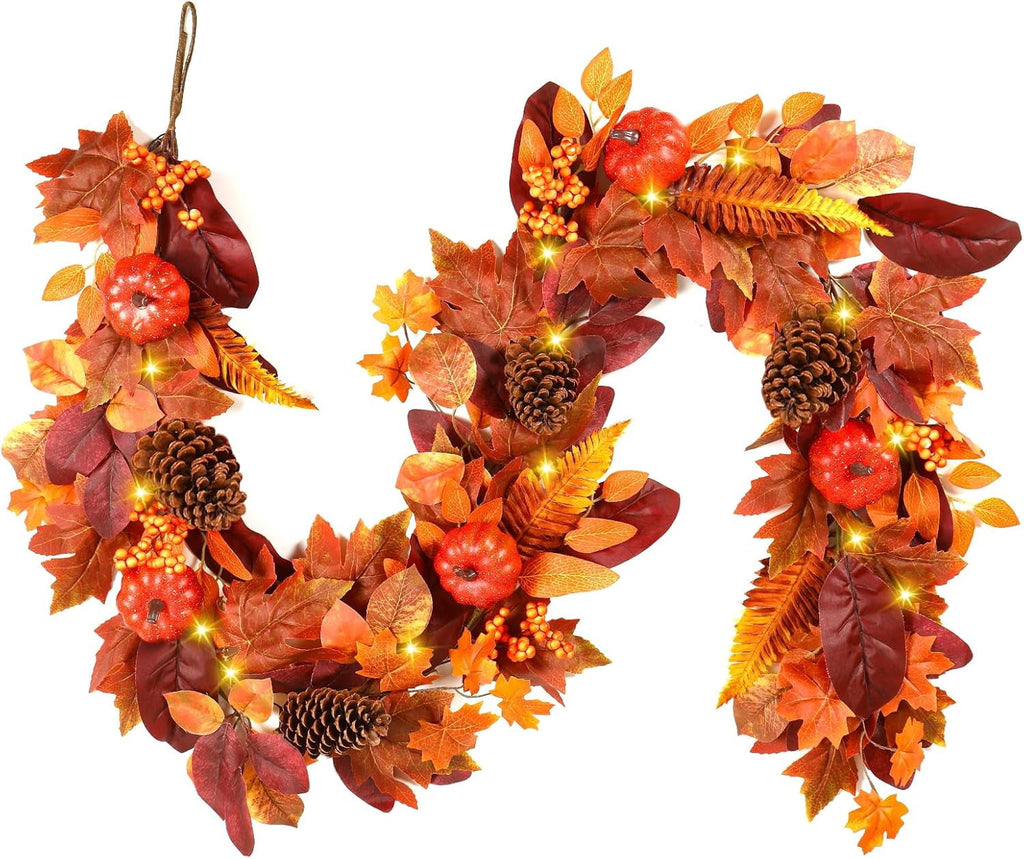 2 Packs 9ft Fall Garland with Lights and Timer for Mantle