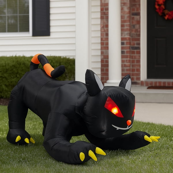 6.5FT Halloween Inflatable Animated Black Cat, Weather-Resistant Polyester, Quick Inflation with Stakes/Ropes for Yard/Patio