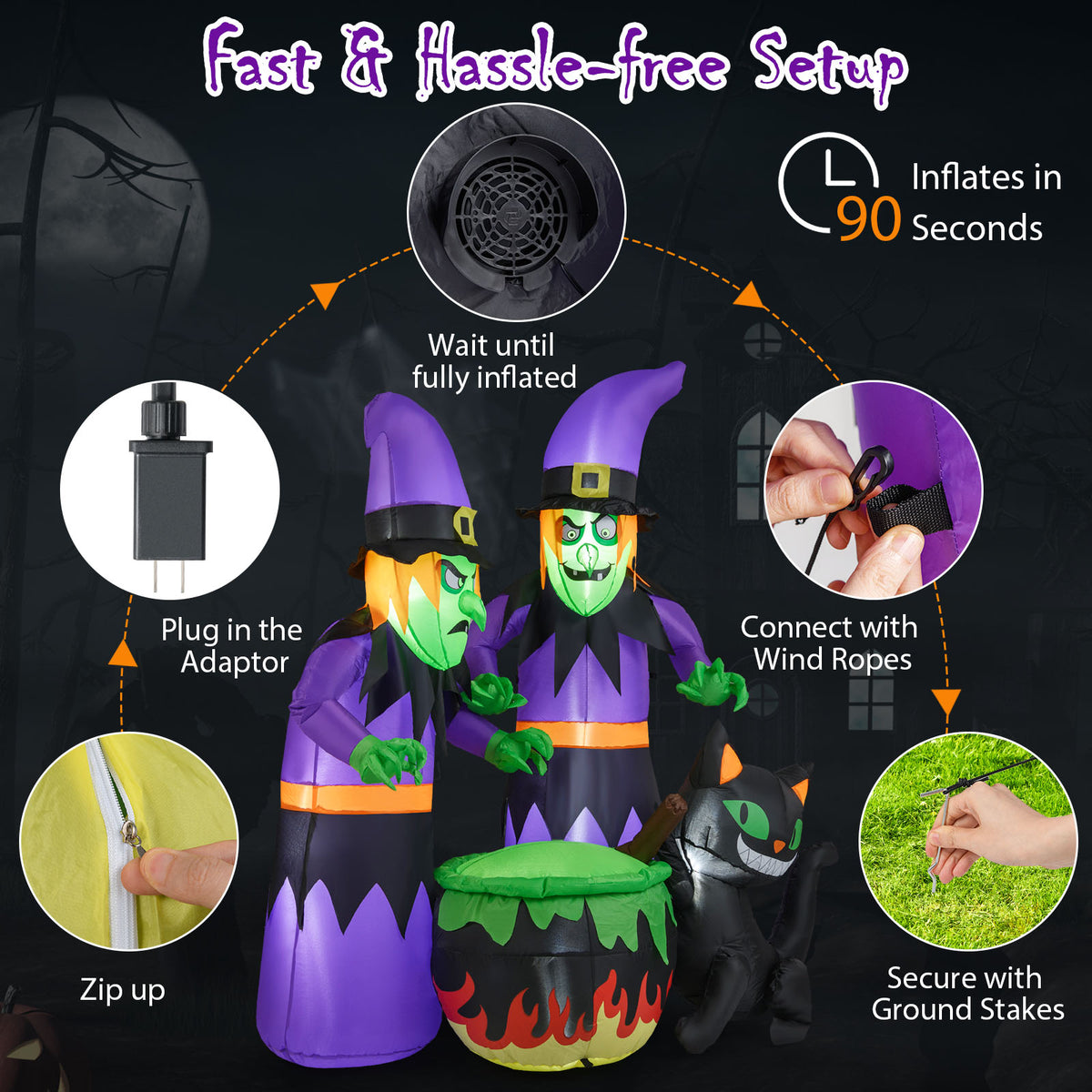 Gymax 6 Ft Inflatable Halloween Witches Blow up 2 Scary Witch w/Black Cat & Cauldron