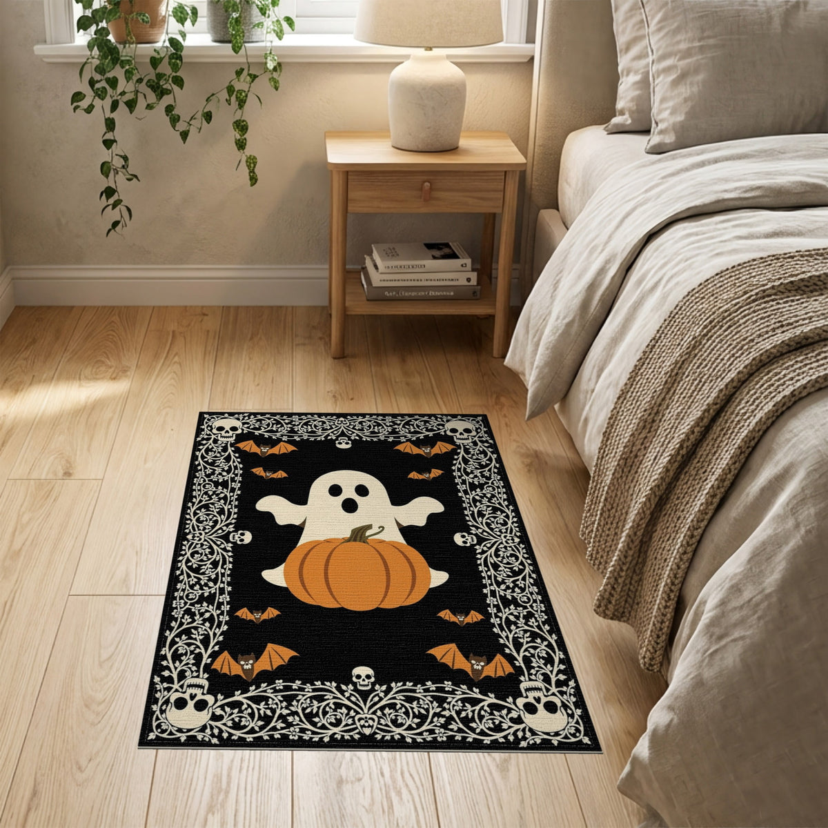 ODIKA Retro Halloween Welcome Featuring Ghosts Pumpkins Bats Skulls Non-Slip Flatwoven for Living Room, Under Sectional, Family