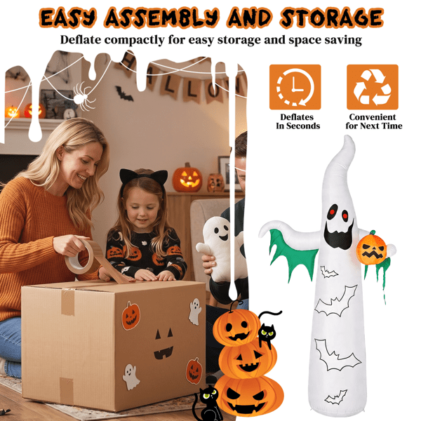 Alvantor 11.8 ft Ghost Halloween Inflatable with Pumpkin, 4 LED Lights and 82-Light Flashing Bat String, White and Green