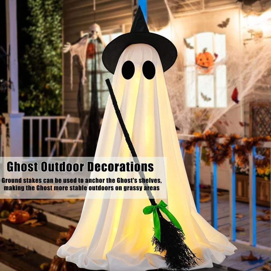 LED Light Up Ghost Decoration with Witch Broom and Timer for Halloween