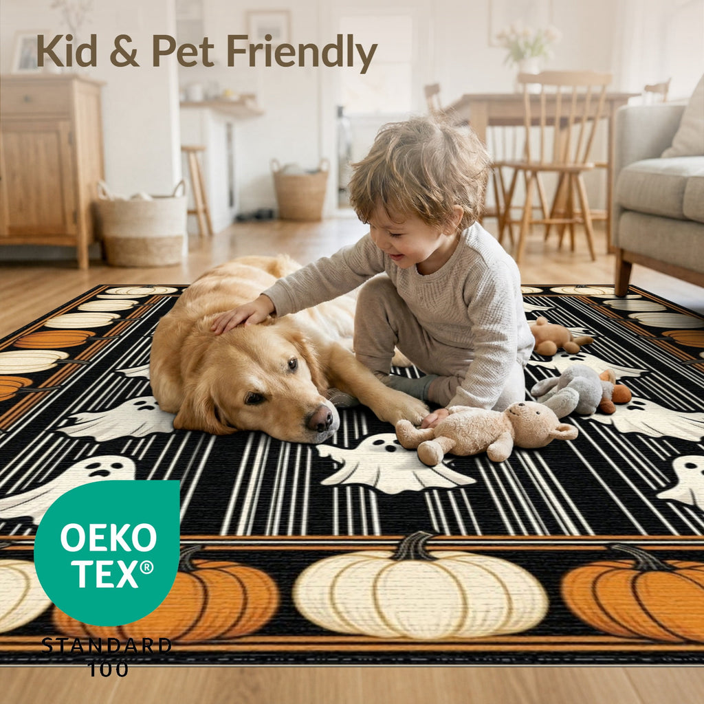 ODIKA Halloween Spooky Pumpkin Phantom Striped Entrance Door Doormat for Playroom, Bedroom, Reading Nook, Pet Friendly & Kids Safe Play