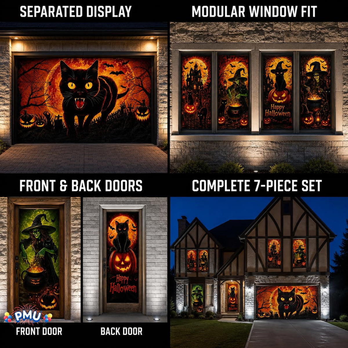PMU 7-Piece Halloween Garage Door Cover Set, 16 x 7 ft, Skeleton Window & Door Decorations