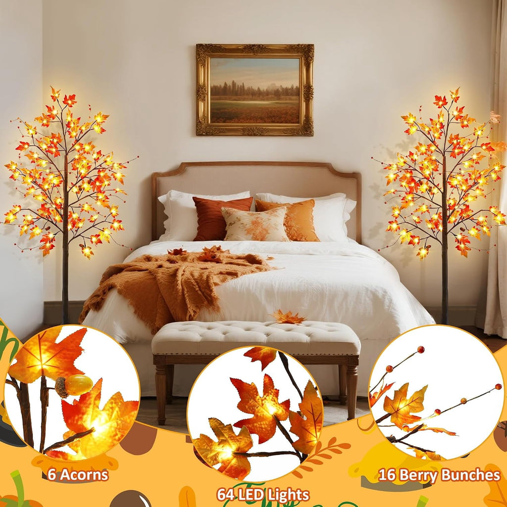 2 Pack LED Lighted Maple Tree, 5 FT Lighted Artificial Tree for Thanksgiving Harvest Fall Festival Halloween Home Party Decoration
