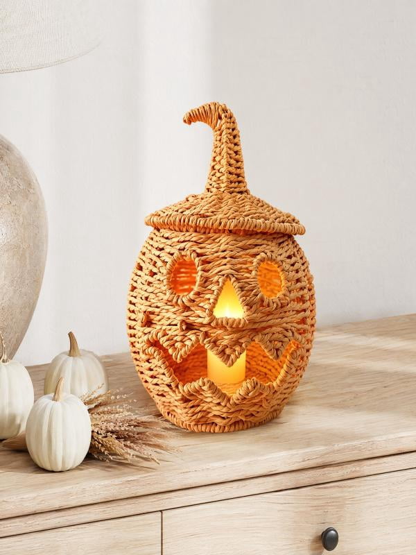Lighted Halloween Table Centerpiece, Witch Hat Pumpkin Lamp, Black Woven Rattan Halloween Decor Indoor, Glowing Tabletop Decoration for Party Home