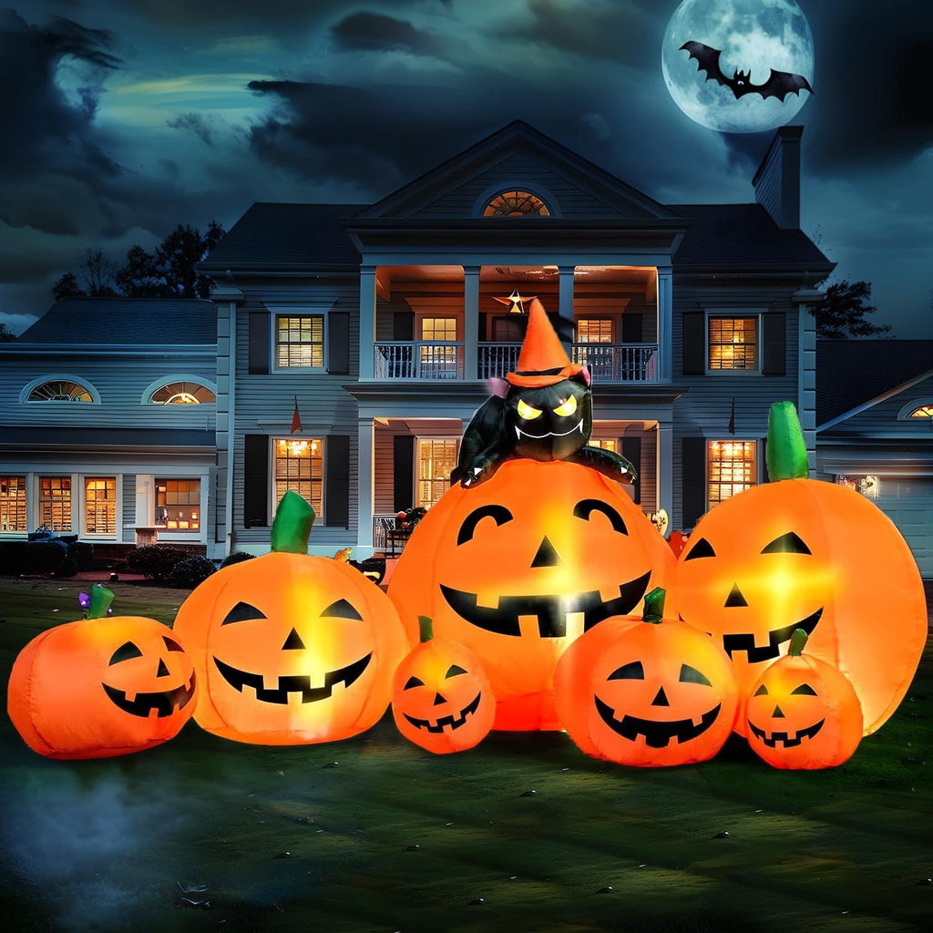 Inflatable Pumpkin with Witch's Cat and LED Lights for Outdoor Halloween Yard Decor