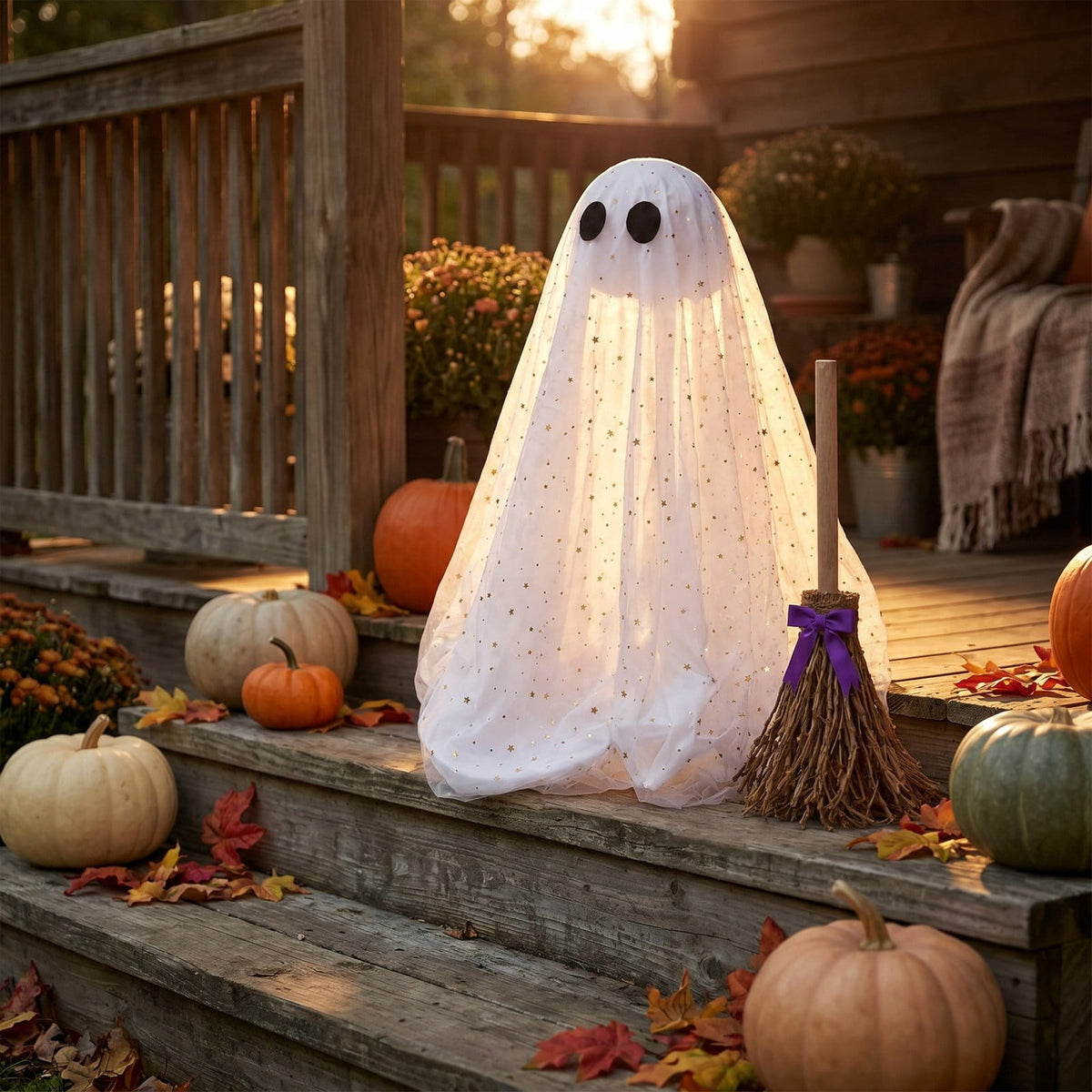 2 Pack Light Up Standing Tulle Ghost Halloween Decorations with Witch Hat, Warm LED Fairy Light Ghost Yard Stakes, Spooky Cute Ghost Outdoor Lawn Porch Mantel Home Halloween Party Decor