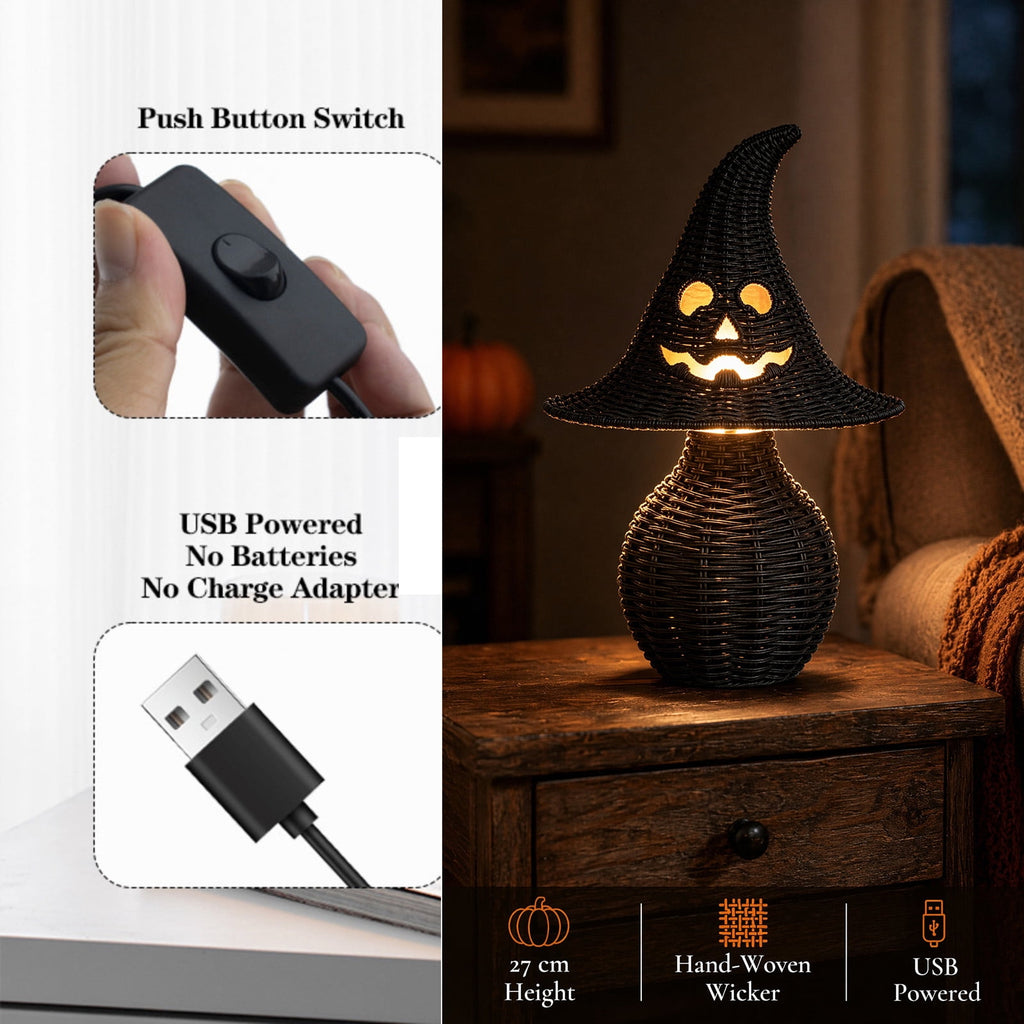 Lighted Halloween Table Centerpiece, Witch Hat Pumpkin Lamp, Black Woven Rattan Halloween Decor Indoor, Glowing Tabletop Decoration for Party Home