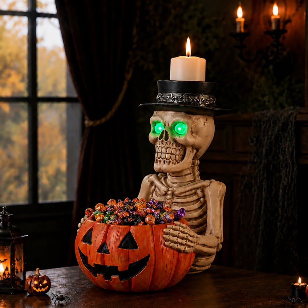 Halloween Skeleton Butler Floor Statue with Serving Tray & Black Cat, Resin Gothic Home Decor for Entryway Porch Living Room