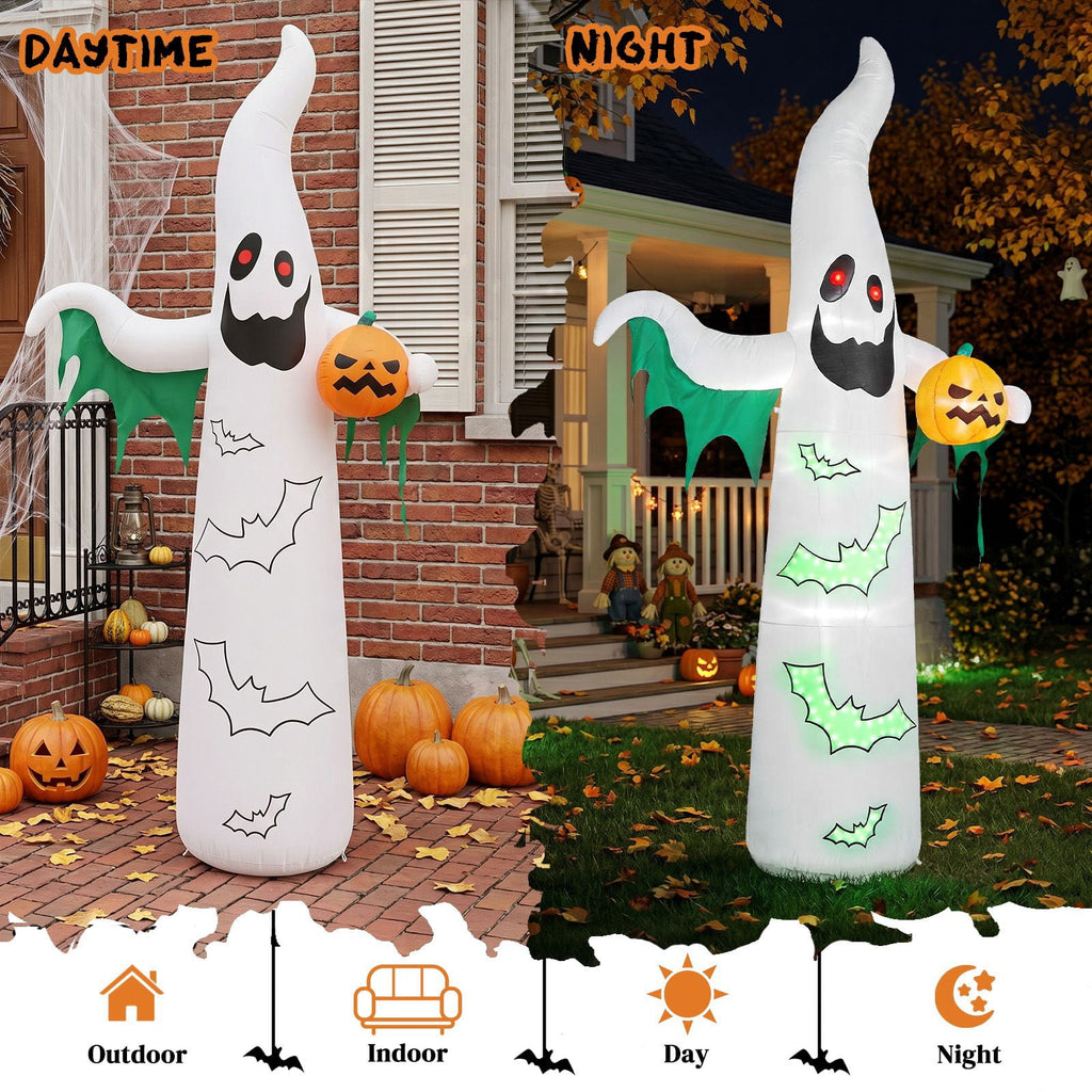 12FT Inflatable Ghost and Bat with 4 LED Lights 82 String Lights Flashing Halloween Yard Decor