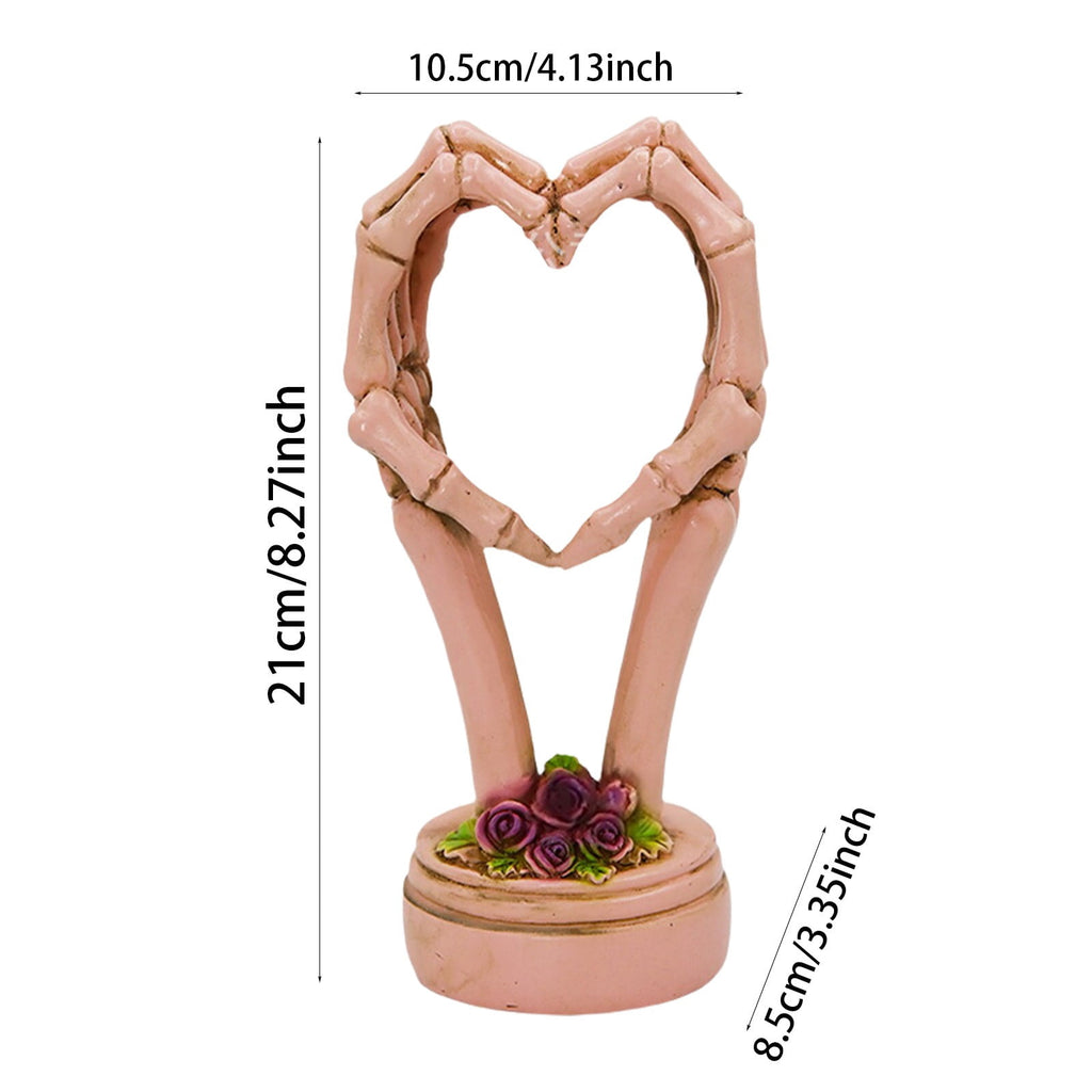 3Pcs Halloween Skeleton Heart Hands Sculpture, Resin Abstract Bone Finger Gesture Statue with Floral Ornament Base, Gothic Home Desktop Decor for Shelf, Mantel, Dressing Table and Party Display