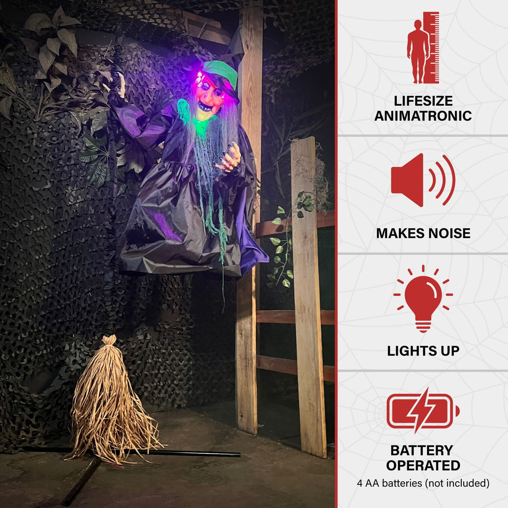 Haunted Hill Farm 6.0-Ft. Touch-Activated Mounted Flying Witch Halloween Animatronic