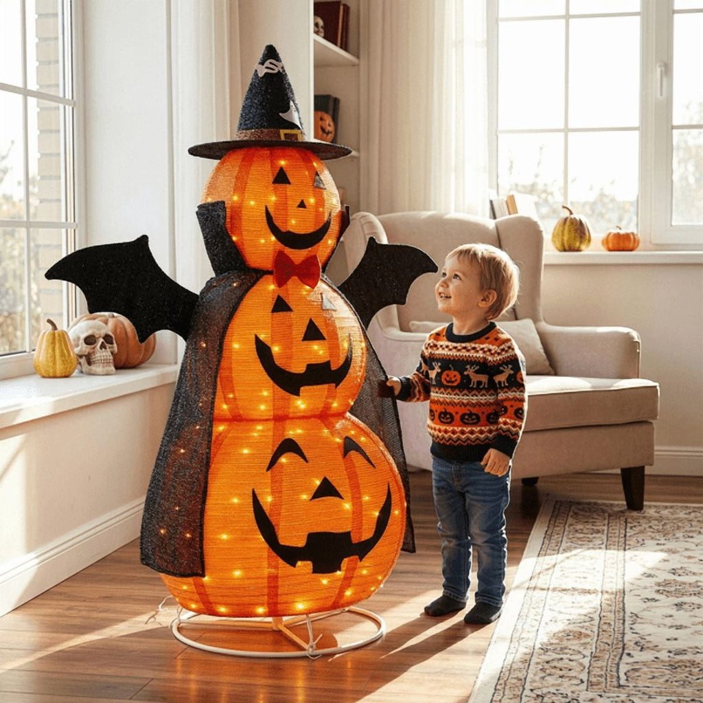 Alvantor 5 ft Lighted 3-Tier Pop-Up Pumpkin Halloween Decoration with Witch Hat, Cape, Bat Wings and 130 Warm White LEDs, Orange