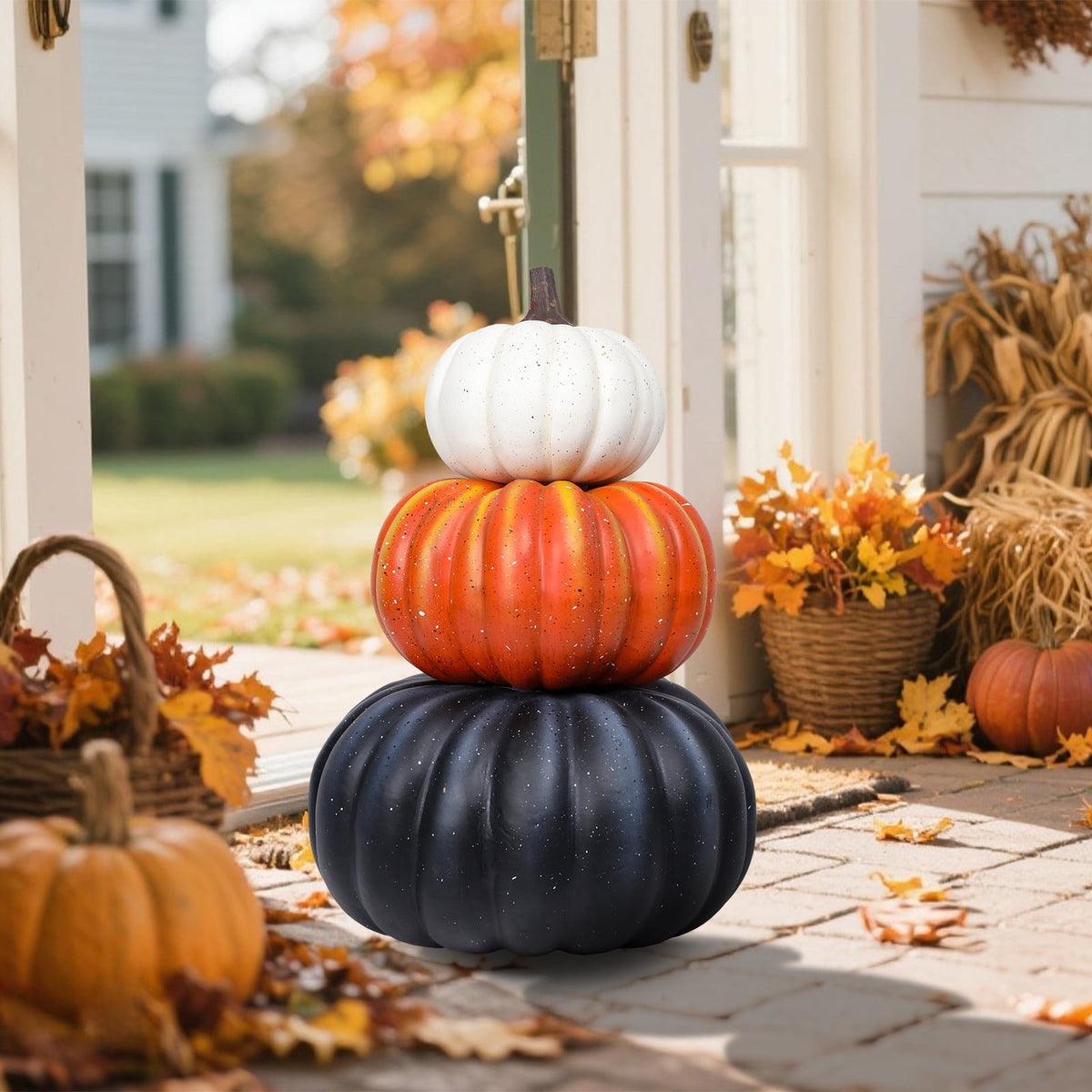 Large 3 - Tiered Colorful Pumpkin Stack Decor: Thanksgiving,Fall & Halloween Outdoor/Indoor Display,Pumpkin Harvest Decoration 1PC