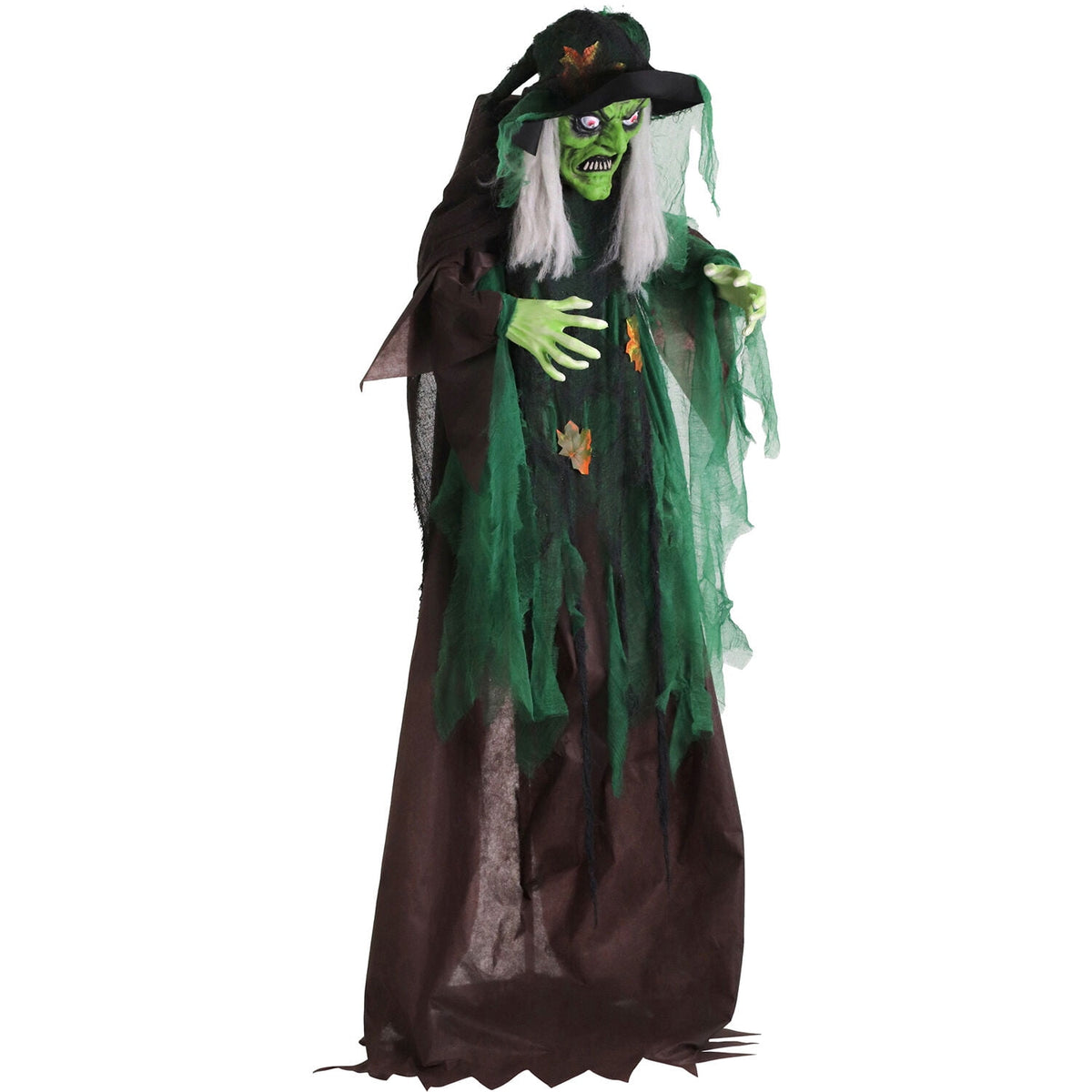 Haunted Hill Farm 6 ft Animatronic Talking Forest Witch with Movement and Lights for Scary Halloween Decoration, HHWITCH-44FLSA