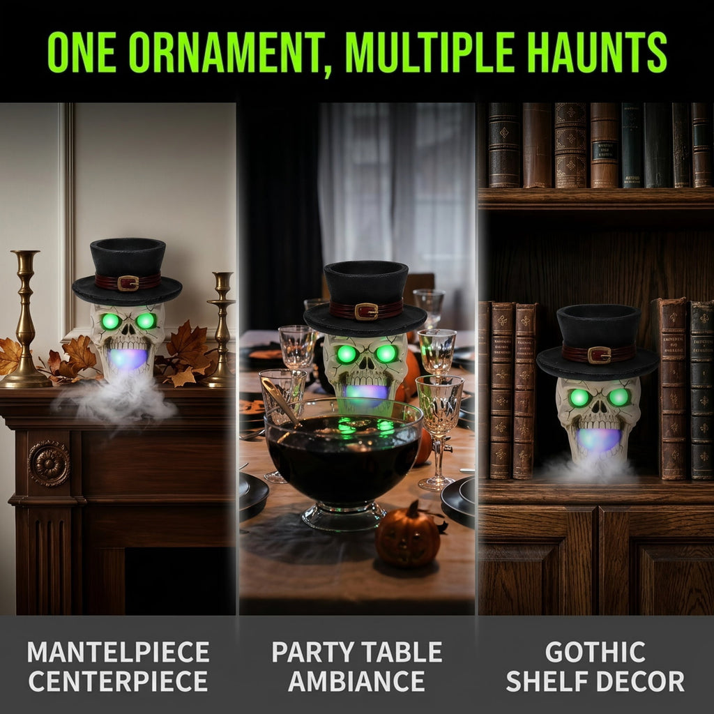 SpookHaven Halloween Jack‑O‑Lantern Pumpkin Mist Sprayer Figurine, LED Light‑Up Fogger with Witch Hat & Skull Decoration, Spooky Ornament for Tabletop Entryway Halloween Party Home Decor