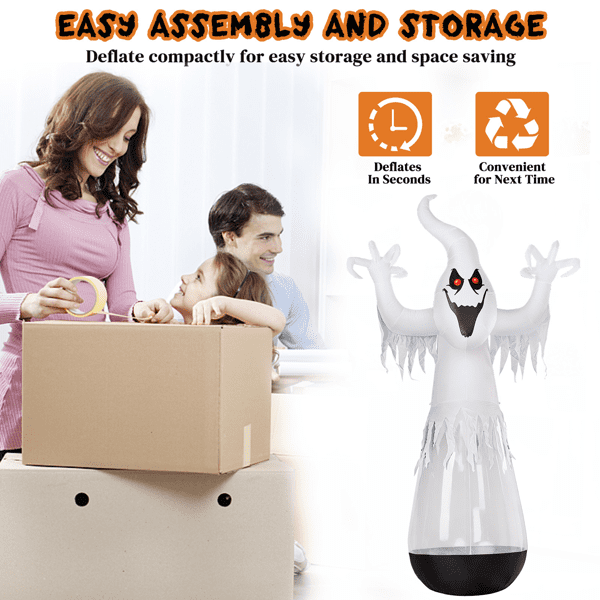 COTINSE 12 FT Halloween Inflatable Ghost with 2 LED Lights & Stage Light, Giant Clear PVC Blow Up Yard Decoration, Black & White