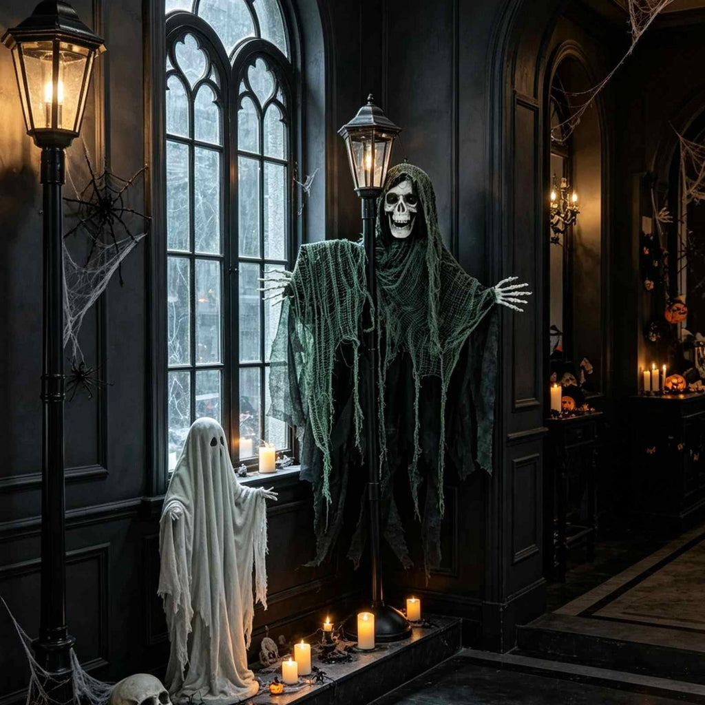 6ft Life Size Halloween Standing Grim Reaper Street Lamp Prop, Light‑Up Eyes Skeleton Ghost with Tattered Robe, Freestanding Outdoor Yard Porch Holiday Decoration