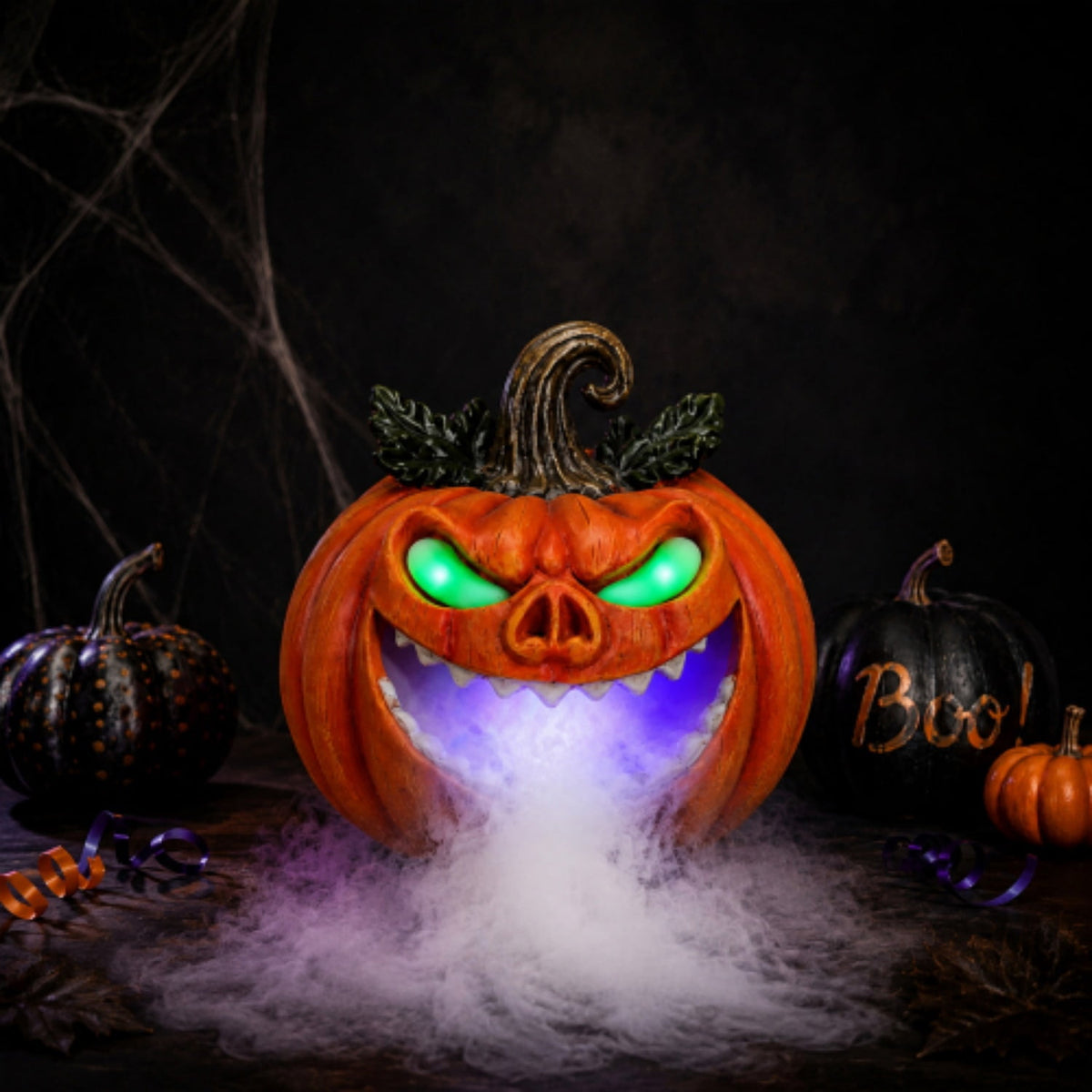 SpookHaven Halloween Jack‑O‑Lantern Pumpkin Mist Sprayer Figurine, LED Light‑Up Fogger with Witch Hat & Skull Decoration, Spooky Ornament for Tabletop Entryway Halloween Party Home Decor