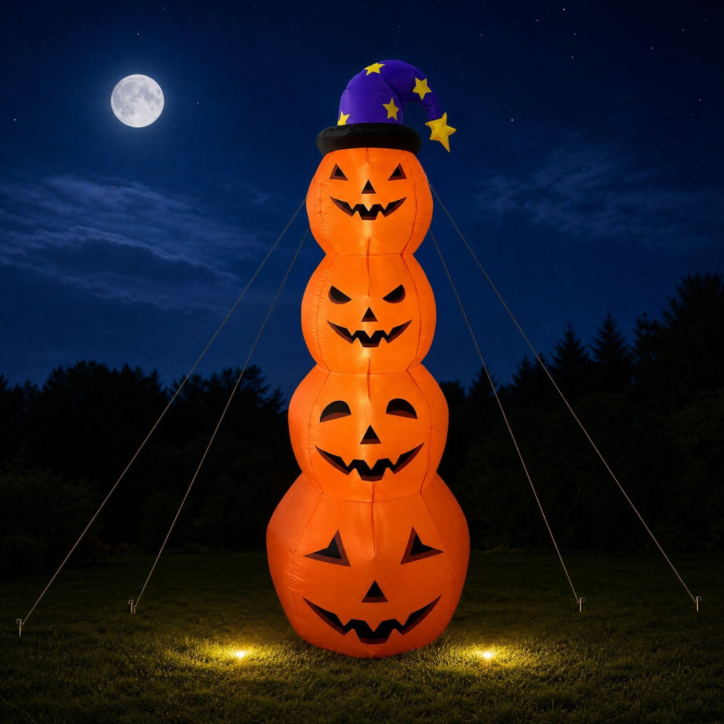 8FT Inflatable Stacked 4 Pumpkins Tower with Wizard Hat, LED Light Up Blow Up Pumpkin Yard Decoration, Waterproof Outdoor Halloween Lawn Ornament for Front Yard Garden Party